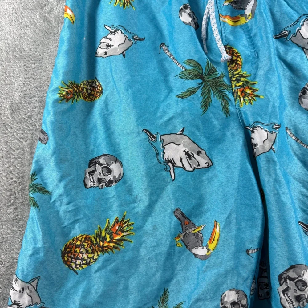 Wonder Nation Boys XL 14-16 Swim Trunks Blue Shark Skull Pineapple Tropical